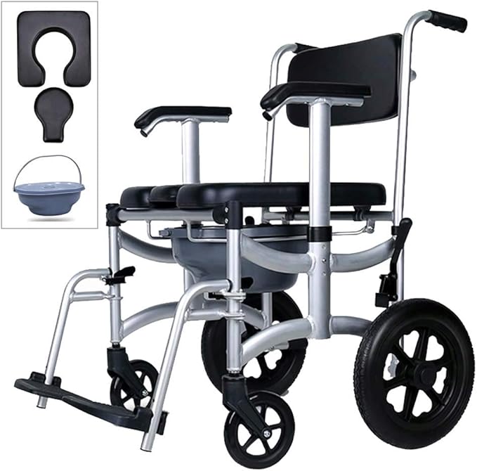 Mobile Shower Chair, 4-in-1 Toilet Commode Wheelchair with Brakes